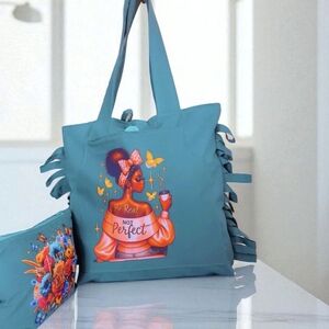 Artistic Blue Tote with Fringe Details